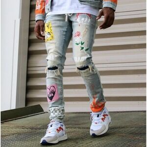 THRT Inferno Denim Streetwear Art Distressed Paint Printed Designer Men Jeans 34